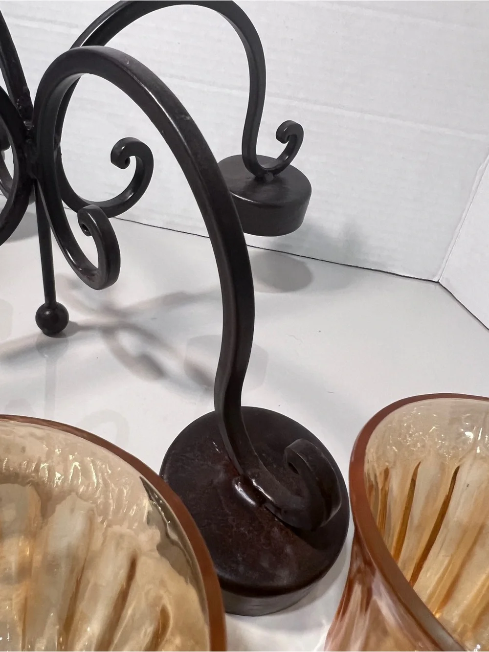 4 Arm Amber Glass Votive Candle Holder Scroll Metal Candelabra Tuscan Decor